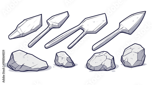 Stylized digital illustration showing tools and rocks. Black and white, linework, and grayscale shading used