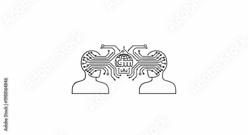 Two heads connected by circuits to a globe, symbolizing digital connection