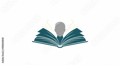 Stylized open book with a grey silhouette head and emanating light