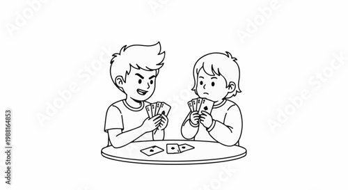 Two children playing a card game at a table, one looks mischievous