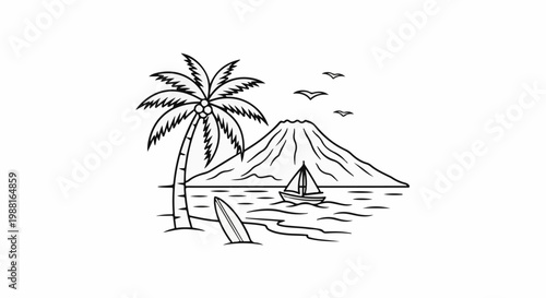 Tropical island scene with palm tree, surfboard, sailboat, and volcano