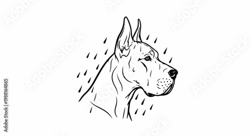 A minimalist line drawing of a dog's head in profile with rain drops