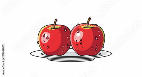 Two bright red apples with water droplets sit on a white plate