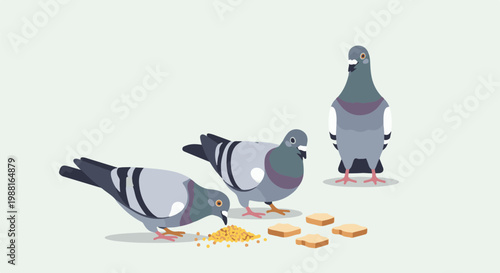 Three stylized pigeons feeding on grain and bread pieces