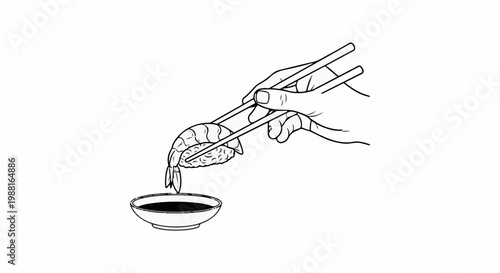 A hand holds chopsticks dipping shrimp sushi into soy sauce