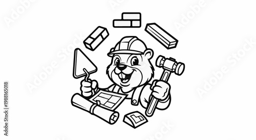 Cartoon beaver construction worker with tools and blueprints