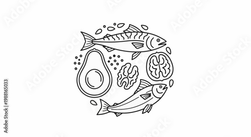 Circle of healthy food fish, avocado, walnuts, and tomato slices