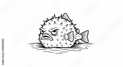 Frightened, spiky fish with a stern expression floats on choppy water
