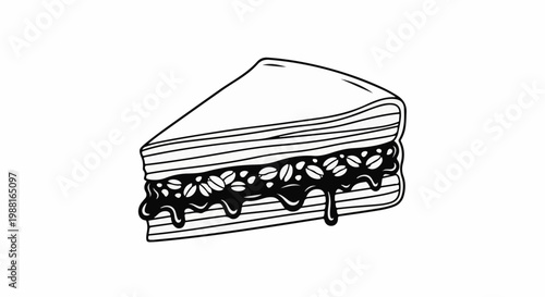 A stylized black and white illustration of a layered dessert with coffee beans