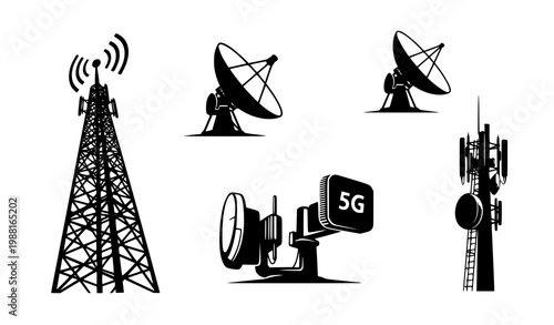 Stylized cell tower and communication antenna silhouettes with wireless network and 5G technology concepts vector