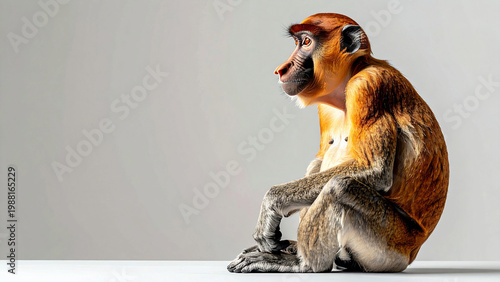 Proboscis Monkey Sitting Long Nose Profile Isolated Neutral Background Soft Light Copy Space AI