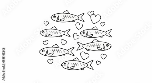 Six cartoon fish swim in a circle with scattered hearts