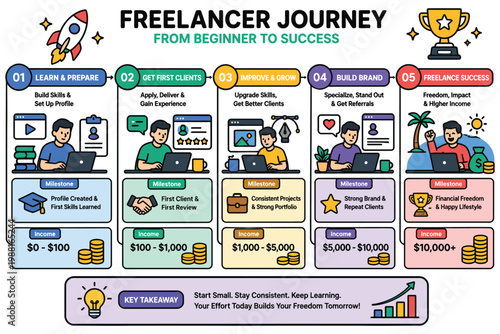 The progression stages of a freelancer from beginner to success in the digital workspace