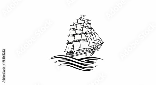 Stylized black ink drawing of a tall ship sailing on wavy water