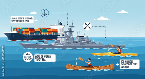Container ship and kayaks on the water with infographics.
