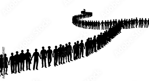 Silhouette of drone leading group of business professionals walking in formation at dusk