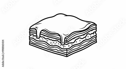 A line drawing depicts a square piece of layered food with a creamy topping