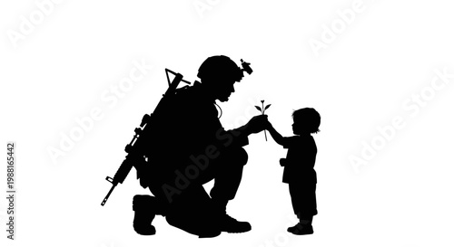 Soldier kneeling to help young child with toy in emotional black and white silhouette