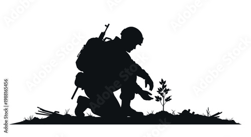 Soldier planting young tree in war-torn field at dusk silhouette
