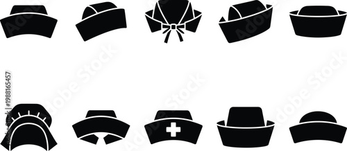 Sammlung von verschiedenen Krankenschwesterhauben als schwarze Silhouetten-Symbole auf weißem Hintergrund.