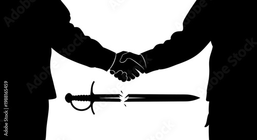 Handshake with musical treble clef and sword fusion in high contrast black and white silhouette