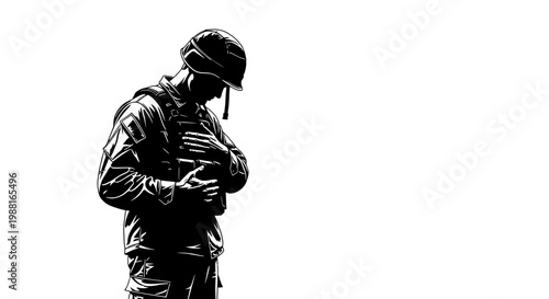 Military soldier in tactical gear standing alert in high-contrast black and white portrait