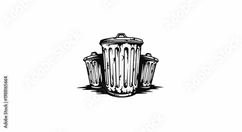 Three weathered garbage cans lined up in a row on a white background