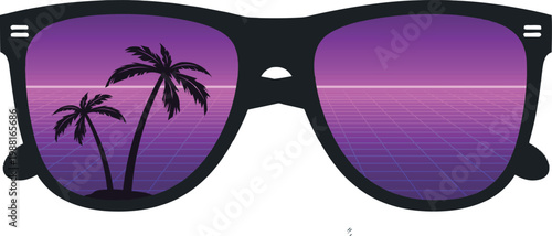 A Retrowave sunglasses showing palm trees and grid