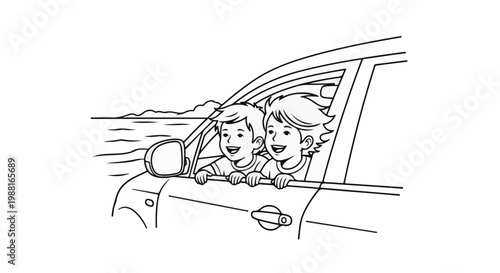 Two happy children peer out of car windows on a scenic journey