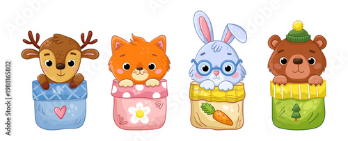 set of cute animal characters sitting in a pocket. Bunny, rabbit, deer, bear, cat, kitten  cartoon style characters. Vector illustration.