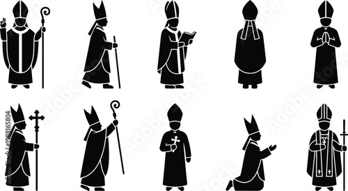 Sammlung von zehn schwarzen Piktogrammen eines Bischofs in verschiedenen liturgischen Handlungen und Posen.