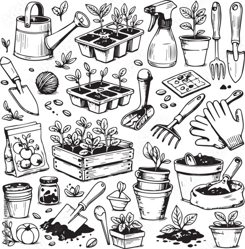 Gardening and Plant Care Doodle Set