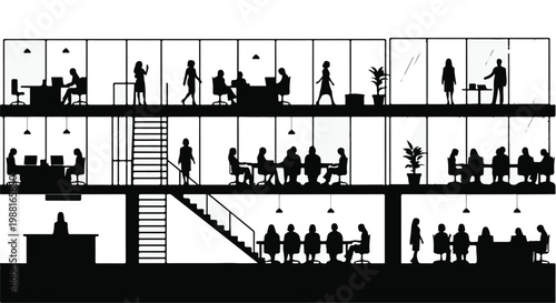 Modern office building with employees working on different floors, corporate workspace with people engaging in various activities, business architecture illustration