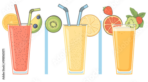 A vibrant illustration showcasing three refreshing fruit juice glasses, each garnished with different fruits