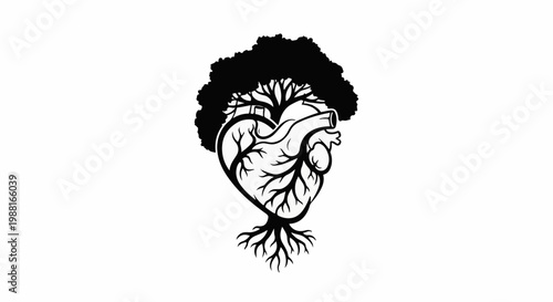 Anatomical heart with tree branches and roots growing from it
