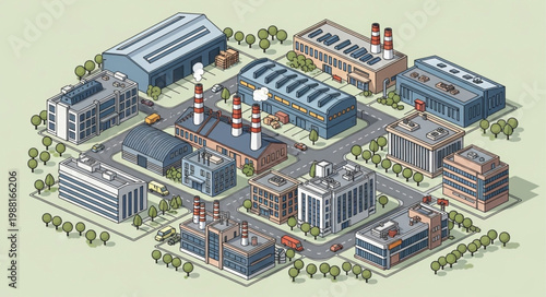 Isometric view of an industrial factory complex with multiple buildings and chimneys.