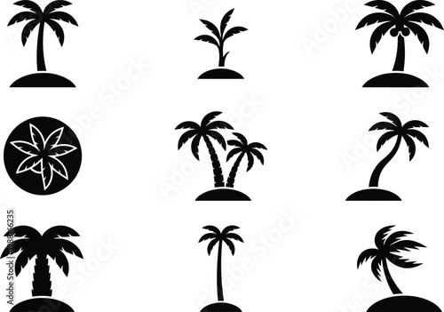 Sammlung von neun verschiedenen schwarzen Palmen-Silhouetten als Icons auf weißem Hintergrund.