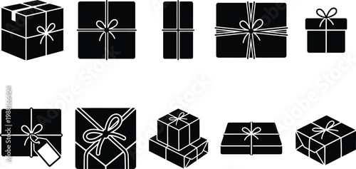 Set von verschiedenen Geschenkbox-Silhouetten mit Schleifen isoliert auf weißem Hintergrund.