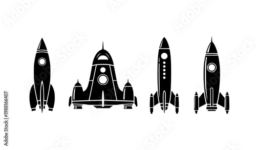 Spaceship rocket silhouettes set with four sci fi space exploration designs isolated on white background vector
