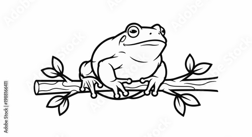 Black and white drawing of a plump frog sitting on a branch with leaves
