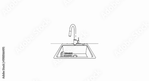 A line drawing of a modern kitchen sink with a pull-down faucet and dish rack