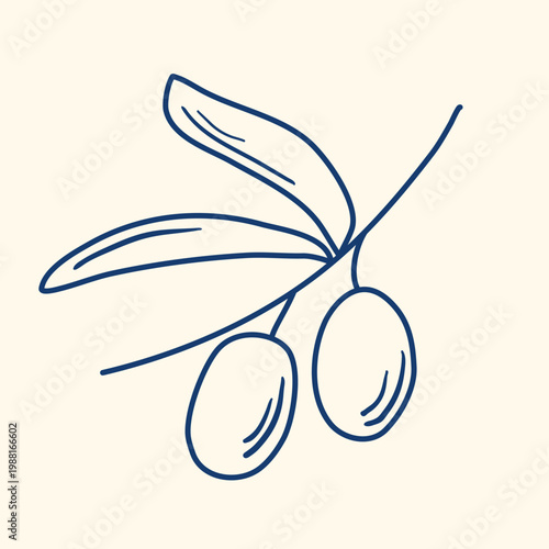 Ripe olive on branch with leaf, doodle style. Blue ink drawing of the olive fruit. Healthy organic food, extra virgin oil, vector graphics