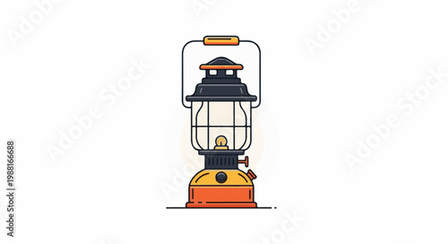 A vintage-style lantern with a yellow base and orange accents, illuminated