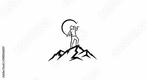 Figure on mountain peak surveys surrounding with circular arrow overhead