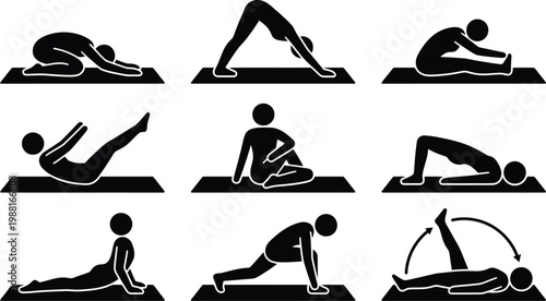 Eine Sammlung von Piktogrammen, die verschiedene Yoga-Posen und Dehnübungen auf einer Matte zeigen.