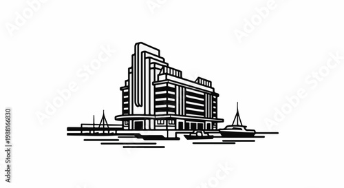 Stylized art deco building on waterfront with boats and masts