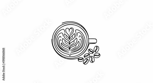 Hand-drawn latte art in a cup with scattered coffee beans