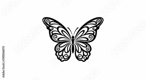 Intricate black and white butterfly silhouette with ornamental swirls
