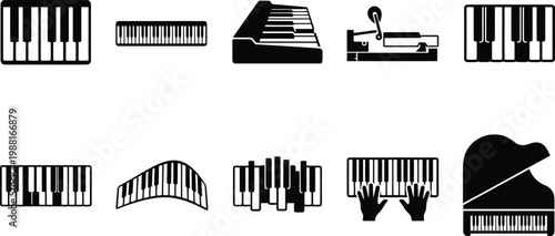 Sammlung von schwarzen Piktogrammen für Klaviere und Tasteninstrumente auf weißem Hintergrund.