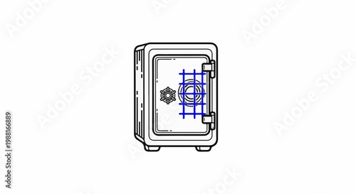 An illustration of a secure safe with a dial and a blue grid on the door